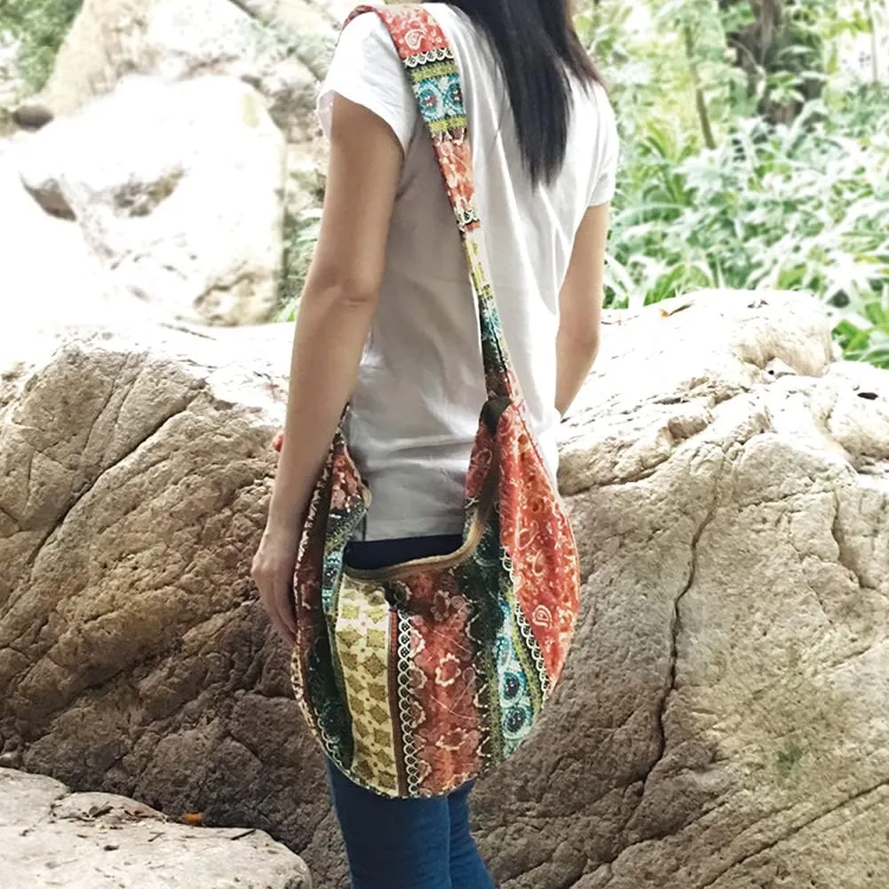 ROUROU Shoulder Bag for Women Hippie Crossbody Bag Bohemian Handbag Printed Pattern Hobo Bag Canvas Purse Cotton Satchel