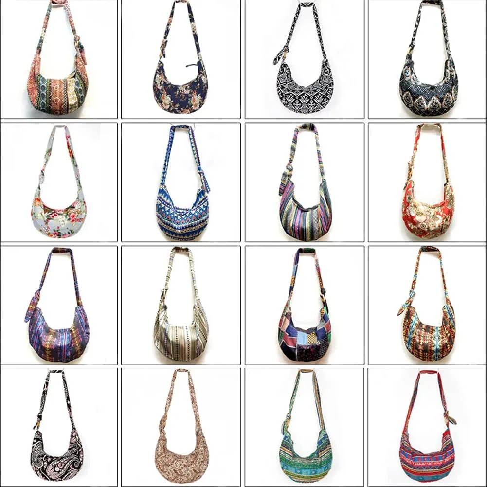 ROUROU Shoulder Bag for Women Hippie Crossbody Bag Bohemian Handbag Printed Pattern Hobo Bag Canvas Purse Cotton Satchel