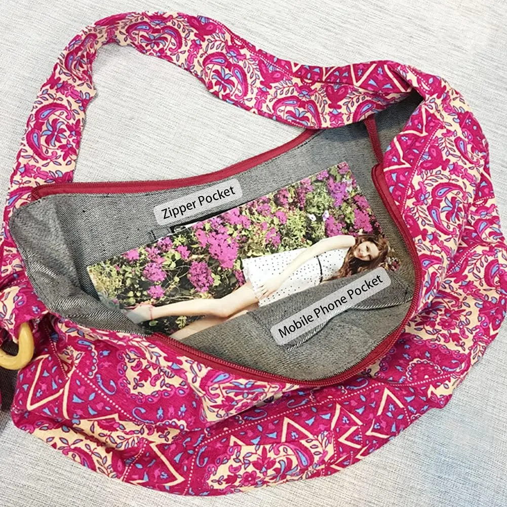 ROUROU Shoulder Bag for Women Hippie Crossbody Bag Bohemian Handbag Printed Pattern Hobo Bag Canvas Purse Cotton Satchel