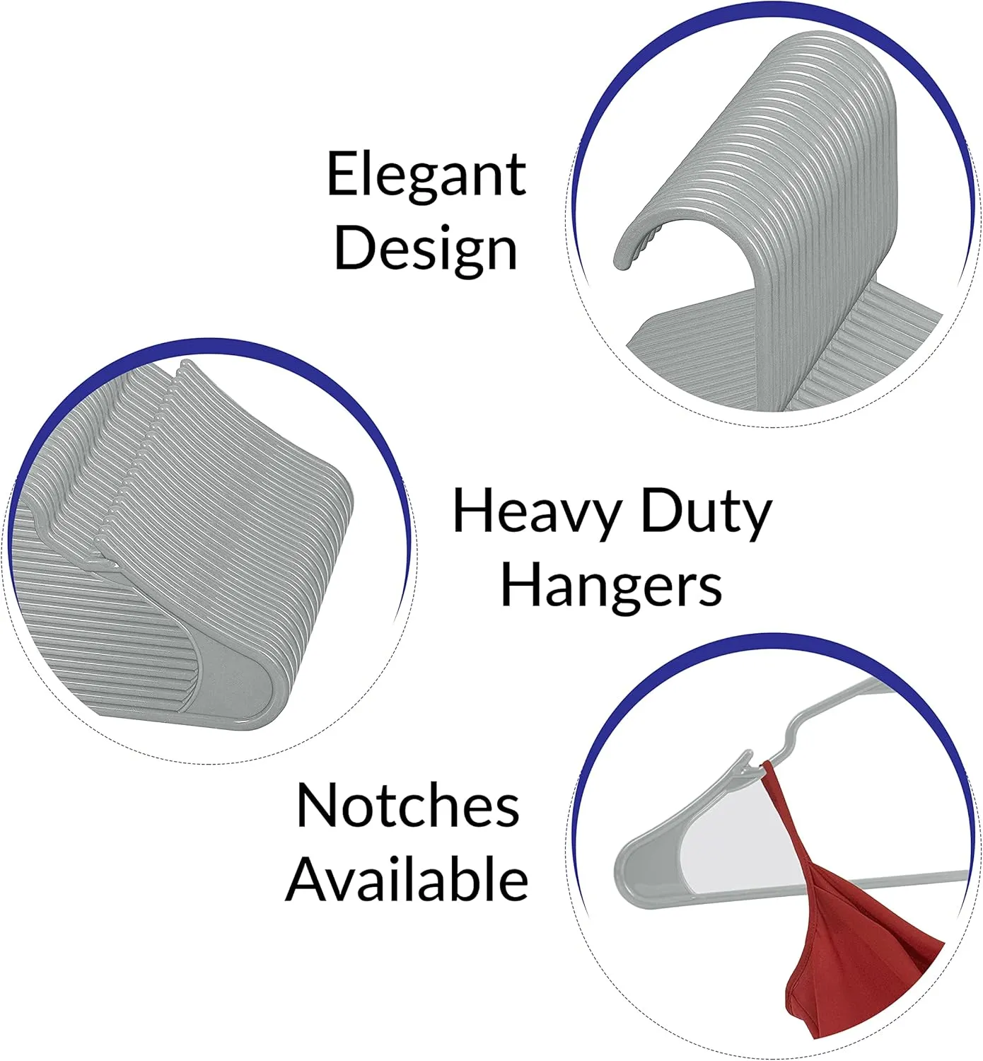 ROYALE 40 Pack Grey Plastic Hangers for Clothes - Heavy Duty Clothes Hanger Ideal for Everyday Standard Use - Lightweight & Space Saving Notched Plastic Hangers - Slim & Sleek Shoulder Groove