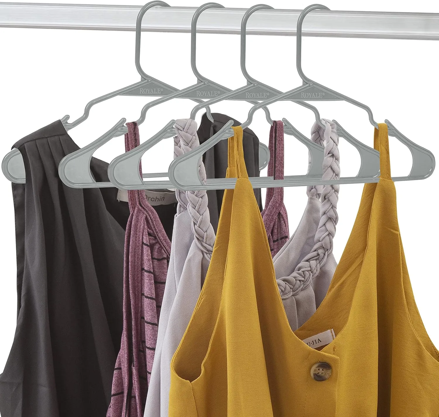 ROYALE 40 Pack Grey Plastic Hangers for Clothes - Heavy Duty Clothes Hanger Ideal for Everyday Standard Use - Lightweight & Space Saving Notched Plastic Hangers - Slim & Sleek Shoulder Groove