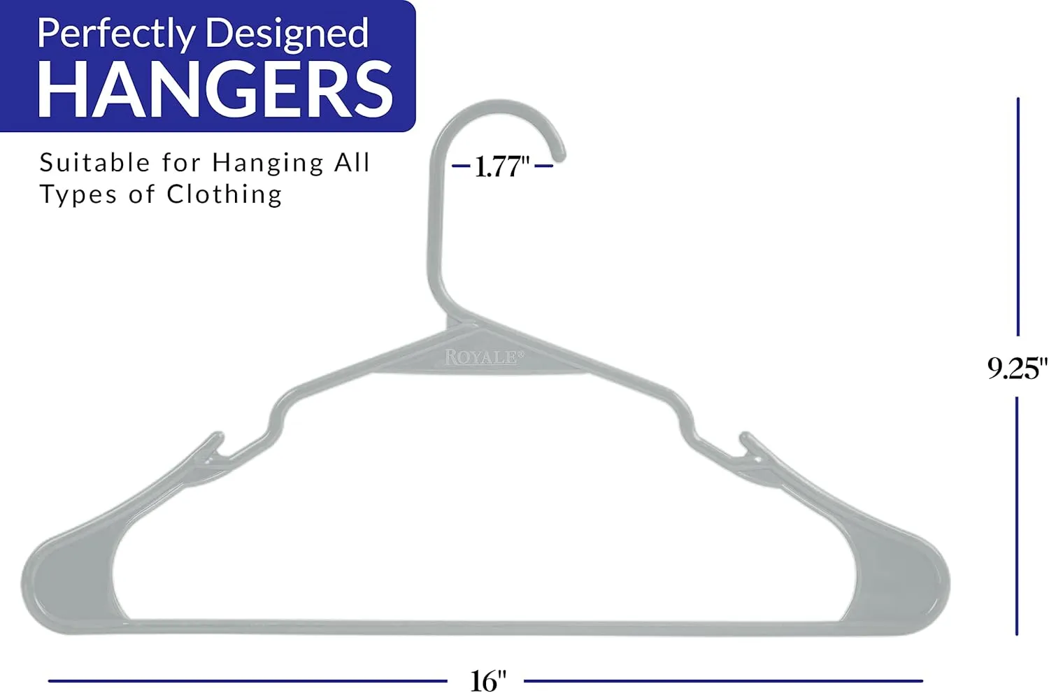 ROYALE 40 Pack Grey Plastic Hangers for Clothes - Heavy Duty Clothes Hanger Ideal for Everyday Standard Use - Lightweight & Space Saving Notched Plastic Hangers - Slim & Sleek Shoulder Groove