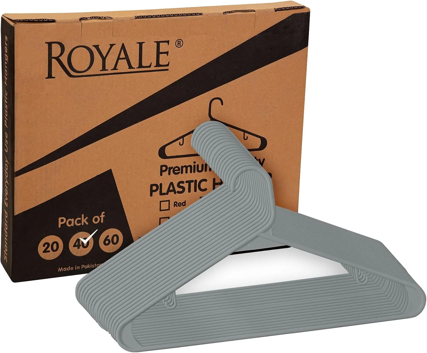 ROYALE Plastic Hangers 40 Pack - Grey Clothes Hanger with Hooks – Heavy Duty Space Saving Coat Hangers Ideal for Everyday Use for Tops, Skirt, Dress, Shirts, Pants (40 Pack, Grey)