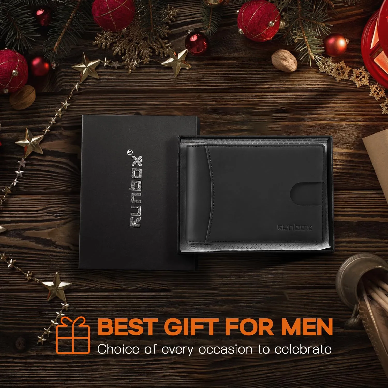 RUNBOX Genuine Leather Slim Wallet for Men RFID Blocking Bifold Minimalist Front Pocket Mens Wallet with Money Clip Thin Gift Box