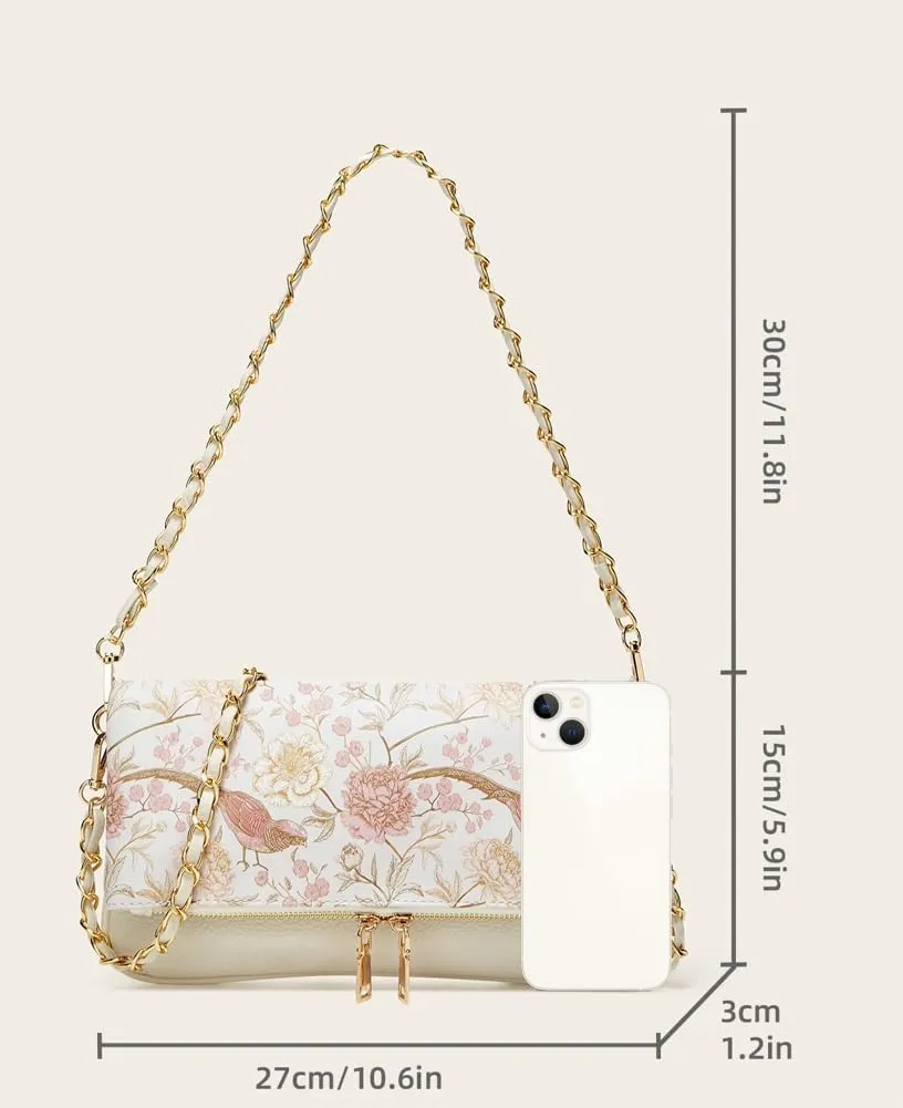 Rungion Fold-Over Clutch Purses for Women Small Vegan Leather Crossbody Shoulder Bag with Chain Evening Wristlet Satchels