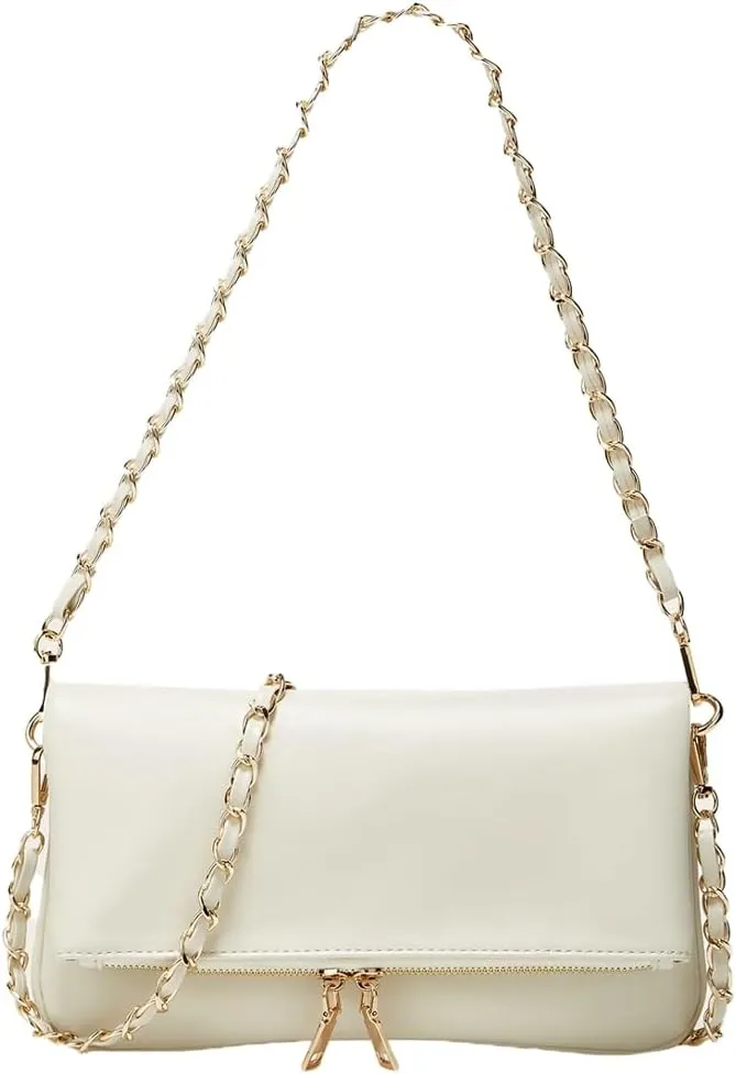 Rungion Fold-Over Clutch Purses for Women Small Vegan Leather Crossbody Shoulder Bag with Chain Evening Wristlet Satchels