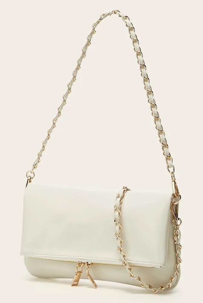 Rungion Fold-Over Clutch Purses for Women Small Vegan Leather Crossbody Shoulder Bag with Chain Evening Wristlet Satchels