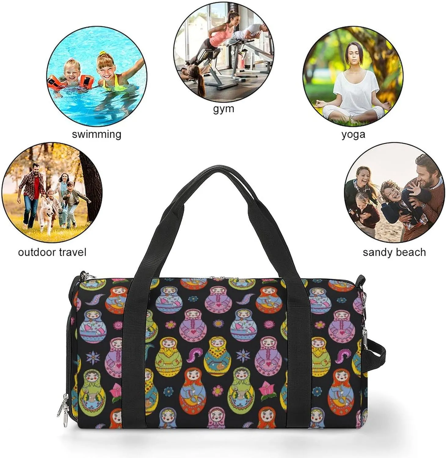 Russian Matryoshka Dolls And Floral Elements Sports Tote Gym Bag for Women Men, Overnight Bag with Shoe Compartment Water Resistant