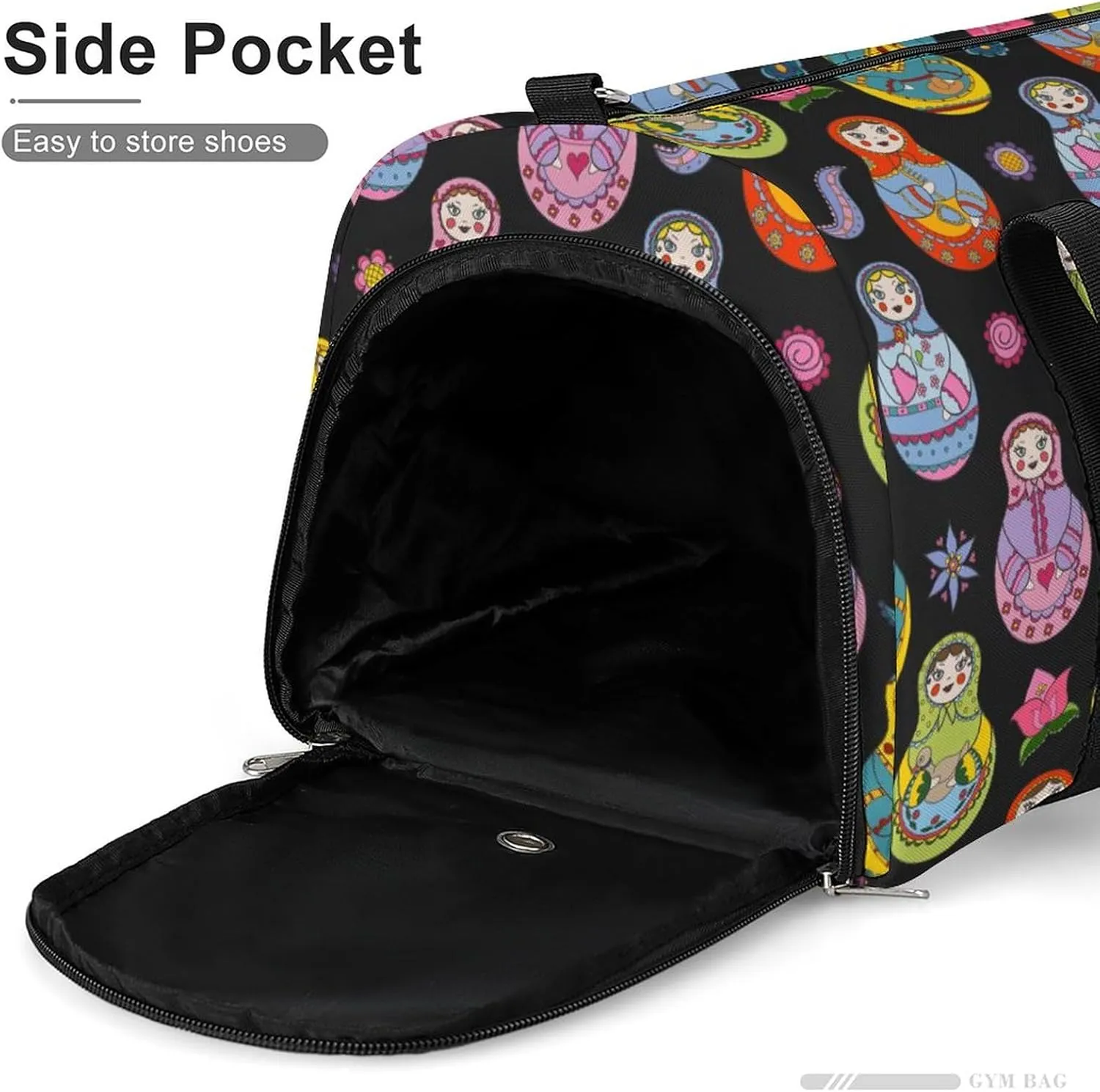 Russian Matryoshka Dolls And Floral Elements Sports Tote Gym Bag for Women Men, Overnight Bag with Shoe Compartment Water Resistant