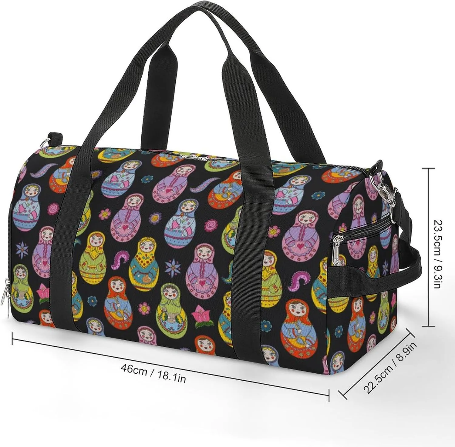 Russian Matryoshka Dolls And Floral Elements Sports Tote Gym Bag for Women Men, Overnight Bag with Shoe Compartment Water Resistant