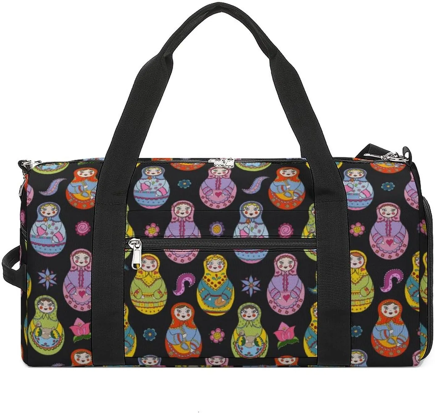 Russian Matryoshka Dolls And Floral Elements Sports Tote Gym Bag for Women Men, Overnight Bag with Shoe Compartment Water Resistant