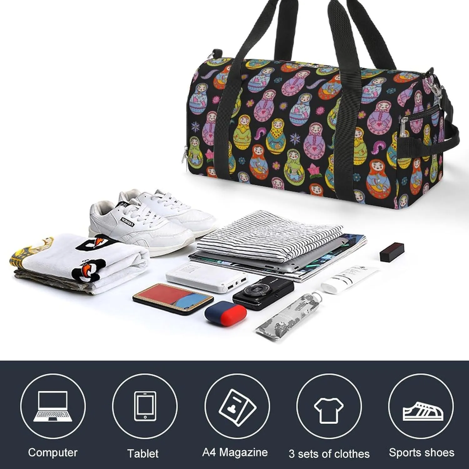 Russian Matryoshka Dolls And Floral Elements Sports Tote Gym Bag for Women Men, Overnight Bag with Shoe Compartment Water Resistant
