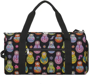 Russian Matryoshka Dolls And Floral Elements Sports Tote Gym Bag for Women Men, Overnight Bag with Shoe Compartment Water Resistant