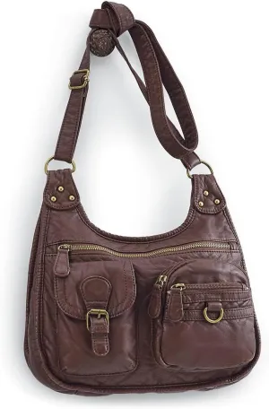 SAGEFINDS Washed Faux Leather Crossbody Shoulder Bag, Soft and Lightweight Purse for Women, Brown Handbag with Multiple Pockets