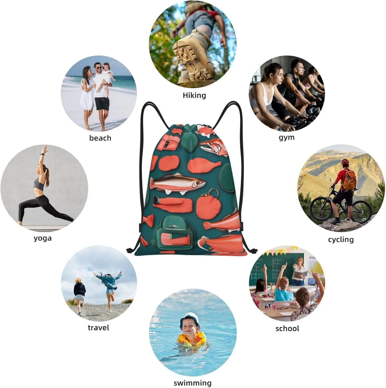 Salmon pattern print Drawstring Backpack Bags Sack Cinch Tote Sport Storage Polyester Bag for Gym Traveling