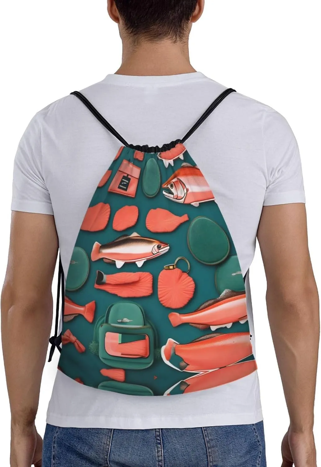 Salmon pattern print Drawstring Backpack Bags Sack Cinch Tote Sport Storage Polyester Bag for Gym Traveling
