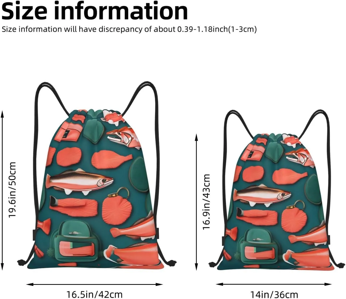 Salmon pattern print Drawstring Backpack Bags Sack Cinch Tote Sport Storage Polyester Bag for Gym Traveling