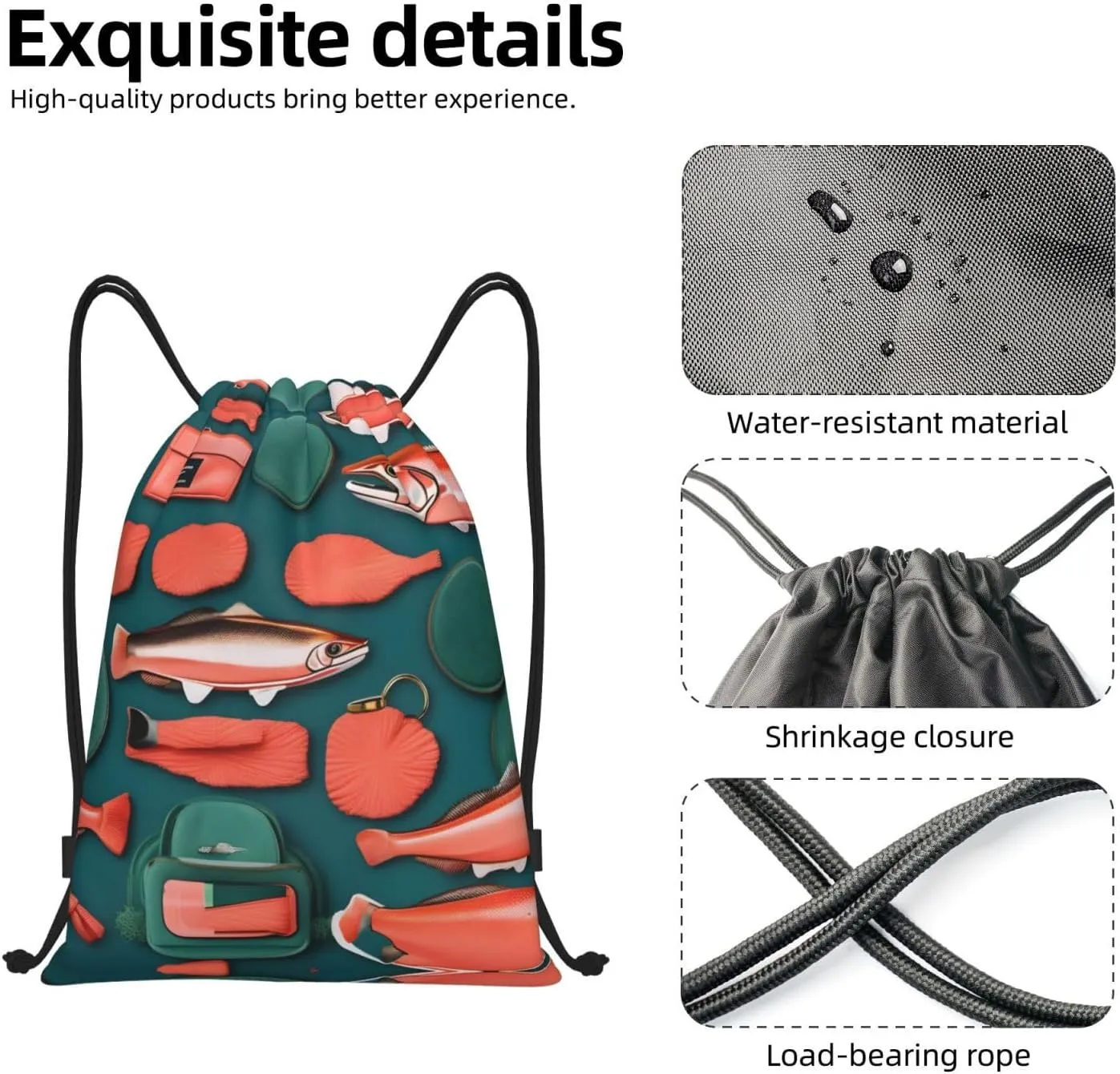 Salmon pattern print Drawstring Backpack Bags Sack Cinch Tote Sport Storage Polyester Bag for Gym Traveling