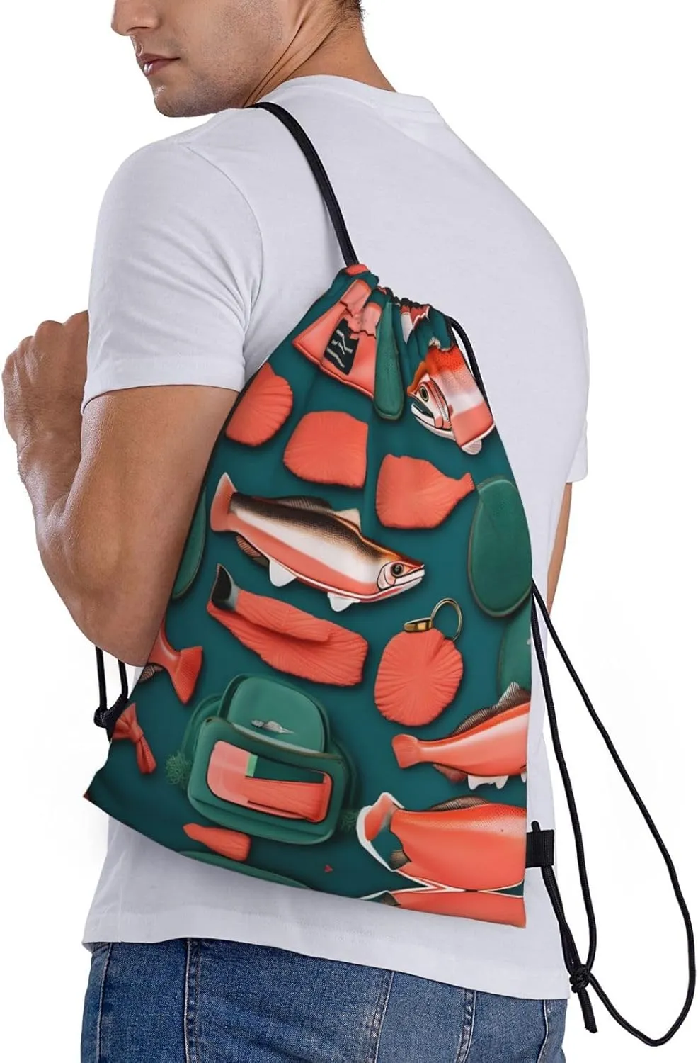 Salmon pattern print Drawstring Backpack Bags Sack Cinch Tote Sport Storage Polyester Bag for Gym Traveling