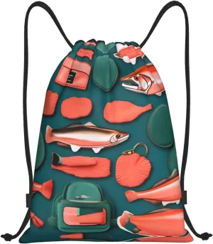 Salmon pattern print Drawstring Backpack Bags Sack Cinch Tote Sport Storage Polyester Bag for Gym Traveling