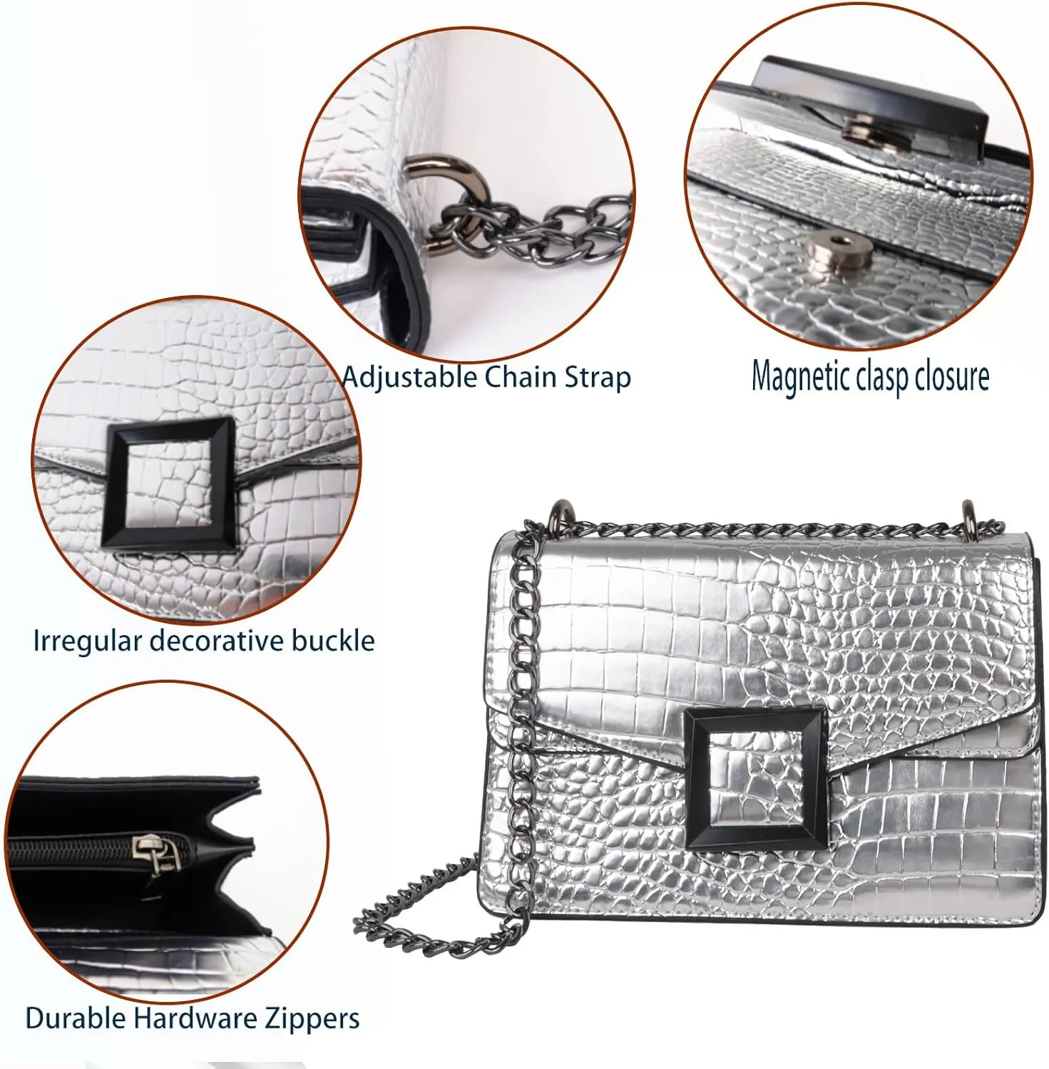 Satchel Crossbody Bag for Women - Crocodile Print Shoulder Purse Luxury PU Leather Handbags With Chain Straps