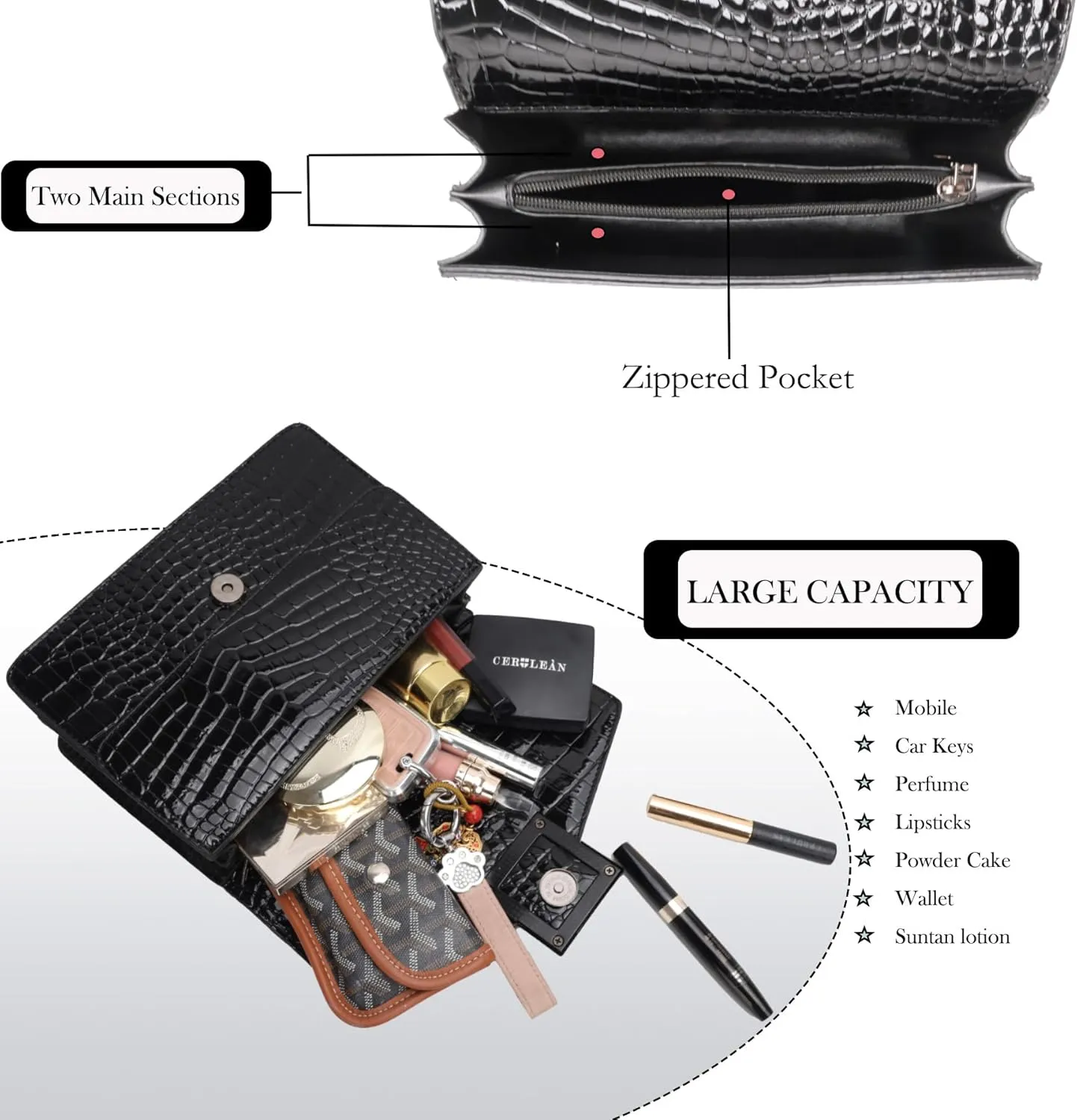 Satchel Crossbody Bag for Women - Crocodile Print Shoulder Purse Luxury PU Leather Handbags With Chain Straps