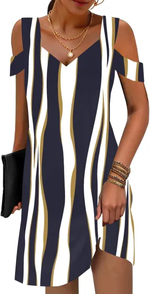 SAUKOLE Womens Sexy Cold Shoulder Dresses Summer Casual Dress Loose Fit Knee Length Dress