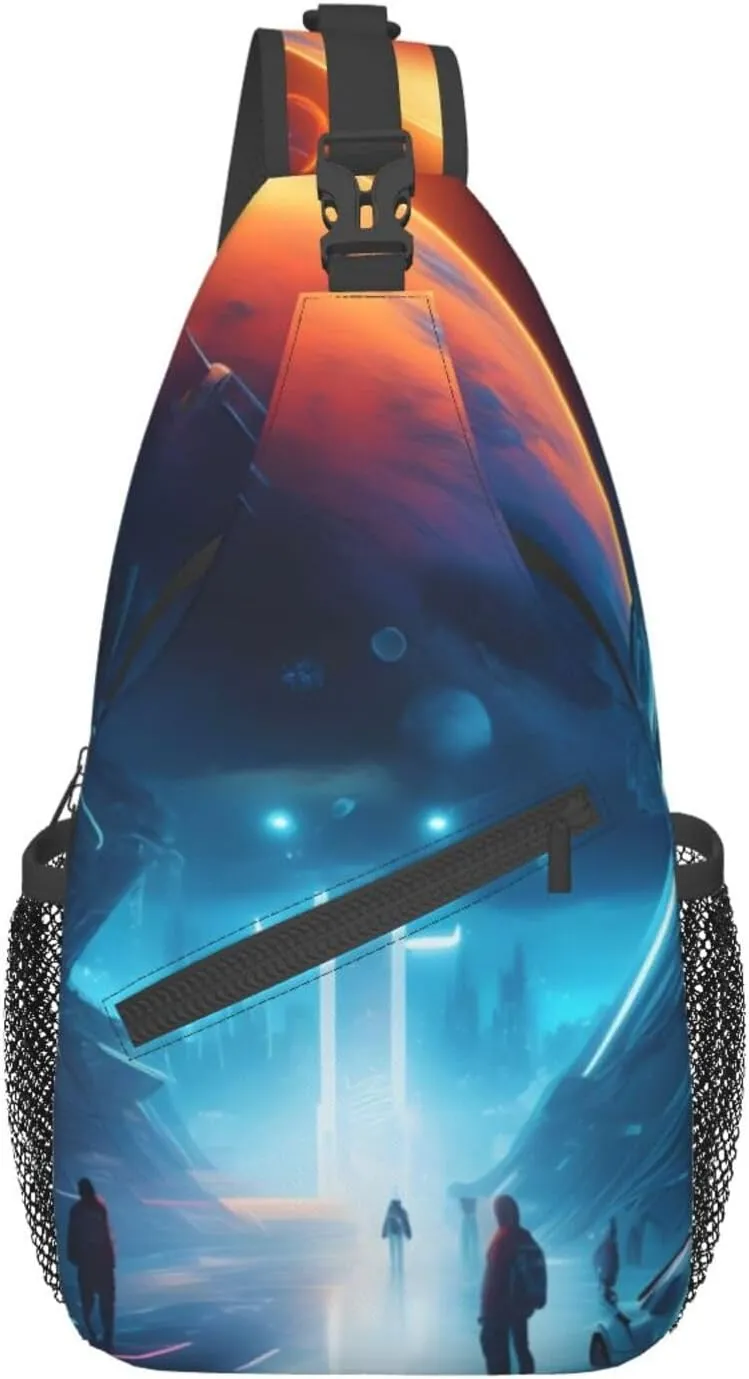 Science Fiction Future Crossbody Bag, Men'S And Women'S Chest Crossbody Bag, Zipper Closure, Strap Length Adjustable