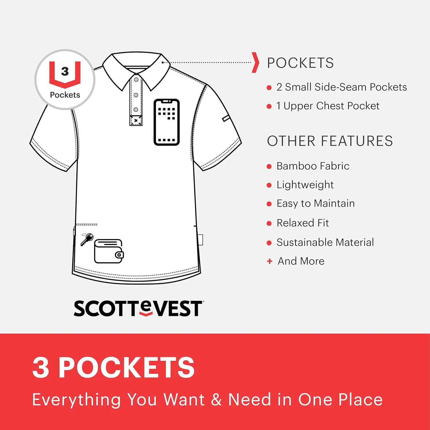 SCOTTeVEST Polo Shirt for Men - 3 Hidden Pockets - Breathable Moisture Wicking T-Shirt for Travel & More