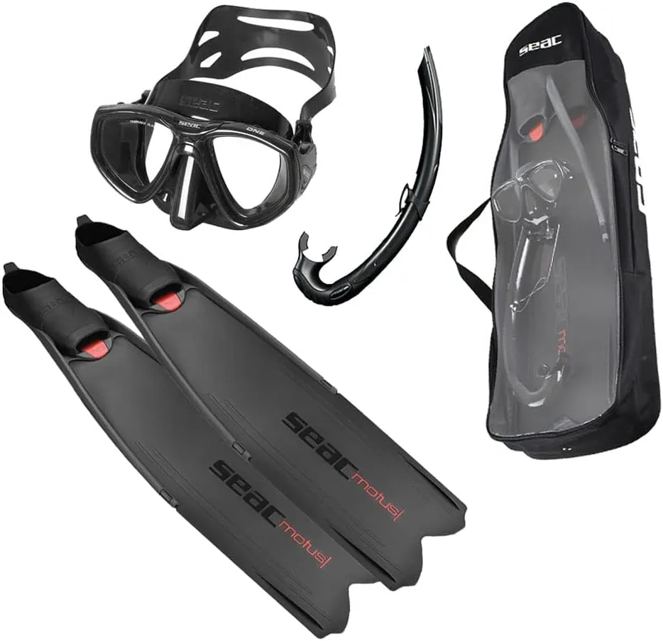 SEAC Tris Motus Set - Motus Camo Long Freediving Soft Powerful Fins, One Mask and Jet Snorkel