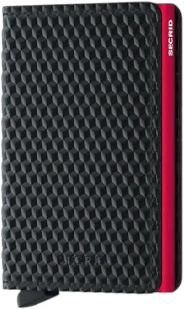 SECRID - Men's Slim wallet 3D Black Genuine Leather RFID Safe Card Case for max 12 cards (Cubic Black - Red)