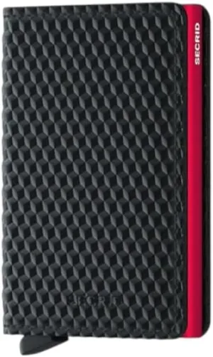 SECRID - Men's Slim wallet 3D Black Genuine Leather RFID Safe Card Case for max 12 cards (Cubic Black - Red)