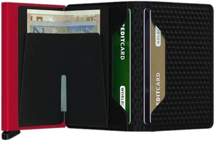 SECRID - Men's Slim wallet 3D Black Genuine Leather RFID Safe Card Case for max 12 cards (Cubic Black - Red)