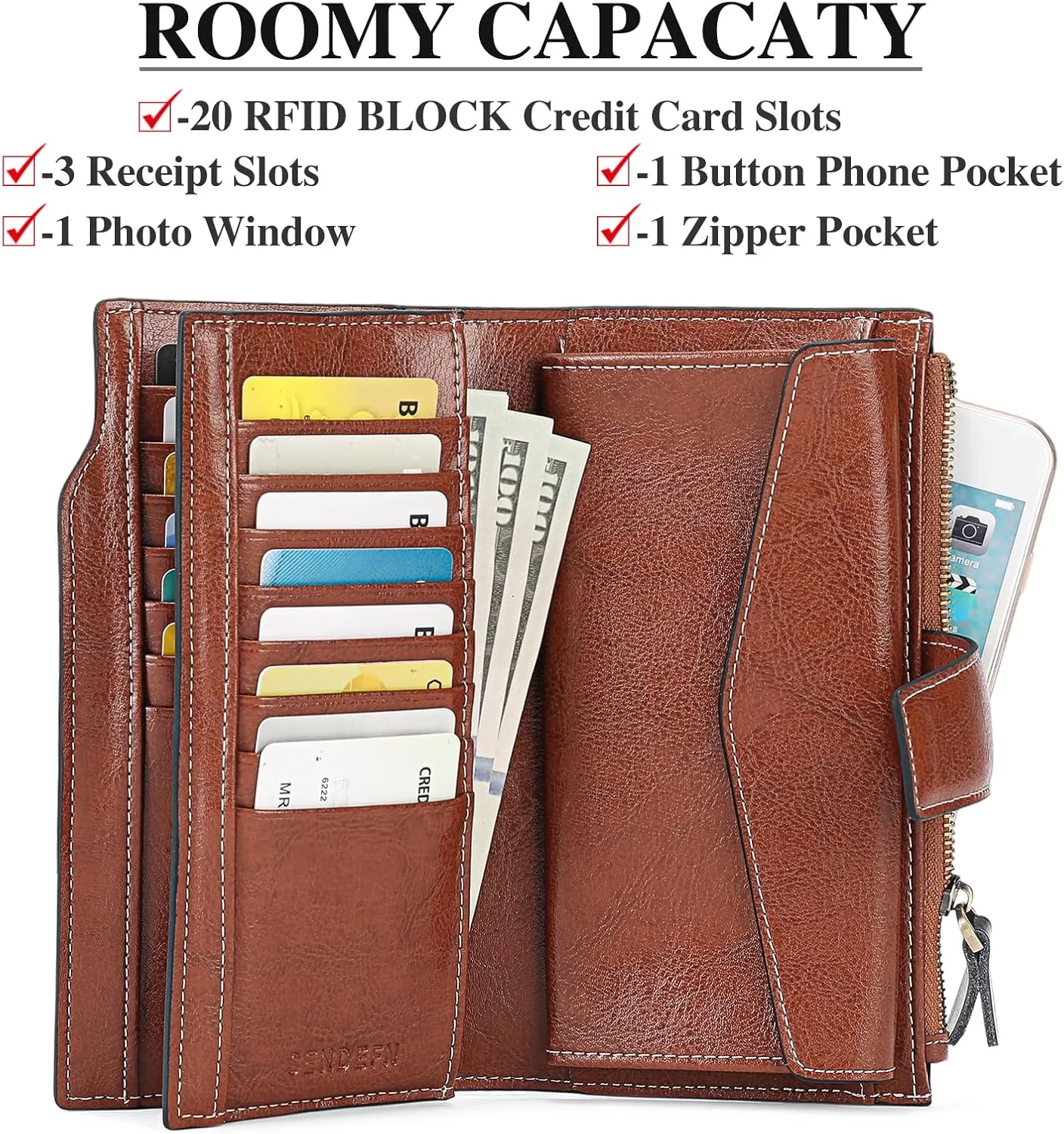 SENDEFN Women Leather Wallets RFID Blocking Clutch Card Holder Ladies Purse with Zipper Pocket