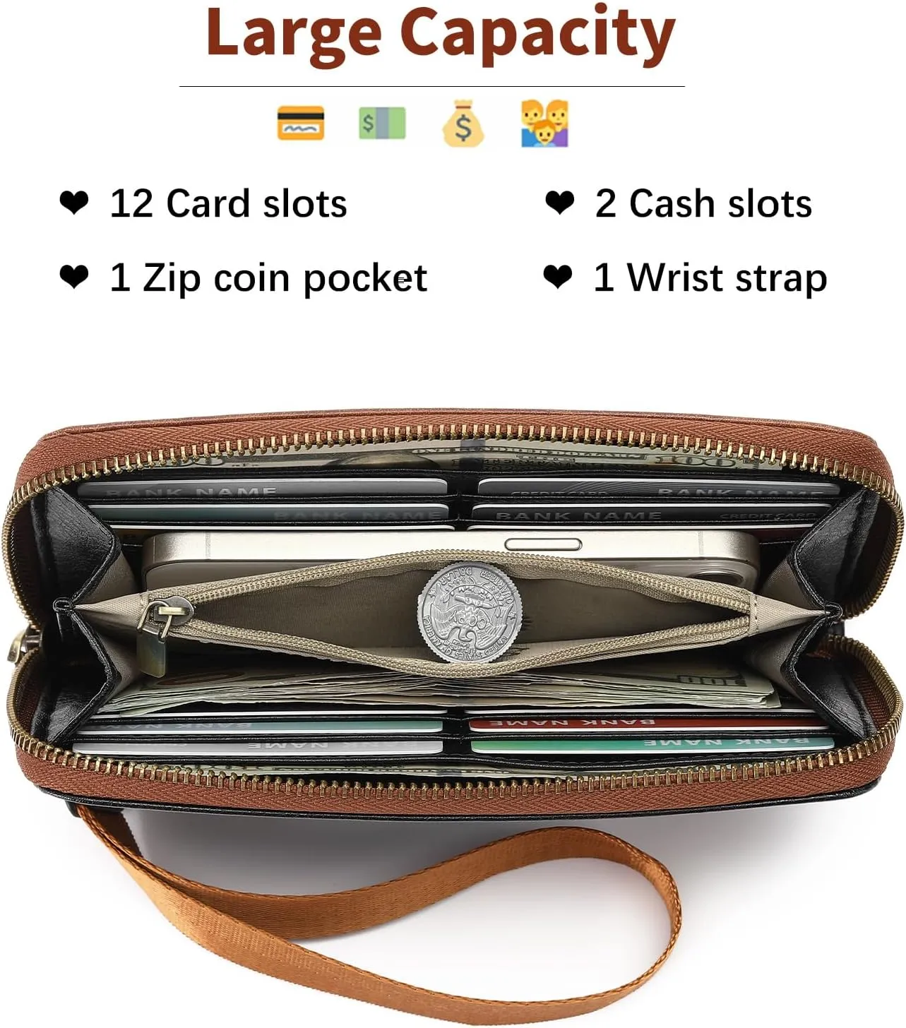 SENDEFN Womens Wallet Genuine Leather Wristlet Wallets for Women Clutch Credit Card Holder Zipper Around Long Purse