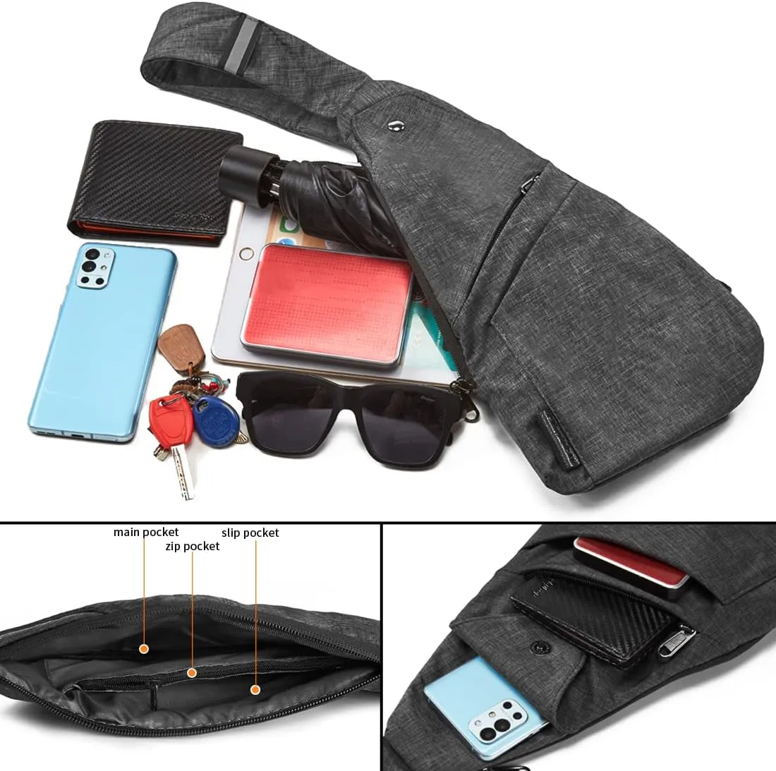 Seoky Rop Slim Sling Bag Small Ultra Thin Water Resistance Crossbody Chest Shoulder Backpack Personal Pocket Bag Dark Grey