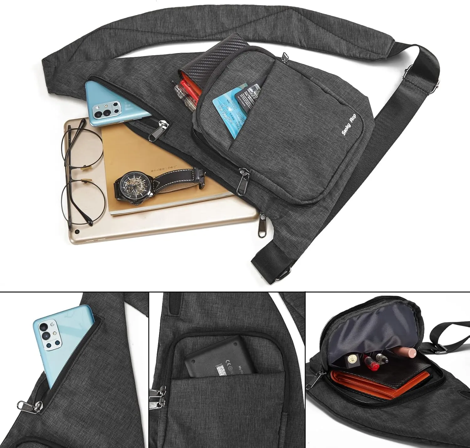Seoky Rop Waterproof Sling Bag Crossbody Bag for Men Women Slim Hidden Anti-Thief Travel Personal Pocket Dark Grey