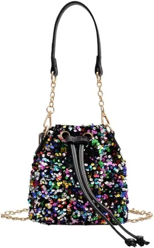 Sequin Bucket Bag Glitter Drawstring Shoulder Purse Bag Sparkle Mini Shopping Pouch Handbag with Detachable Chain Strap