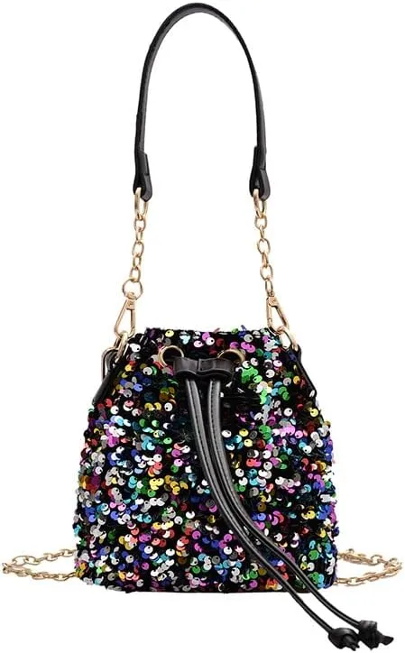 Sequin Bucket Bag Glitter Drawstring Shoulder Purse Bag Sparkle Mini Shopping Pouch Handbag with Detachable Chain Strap