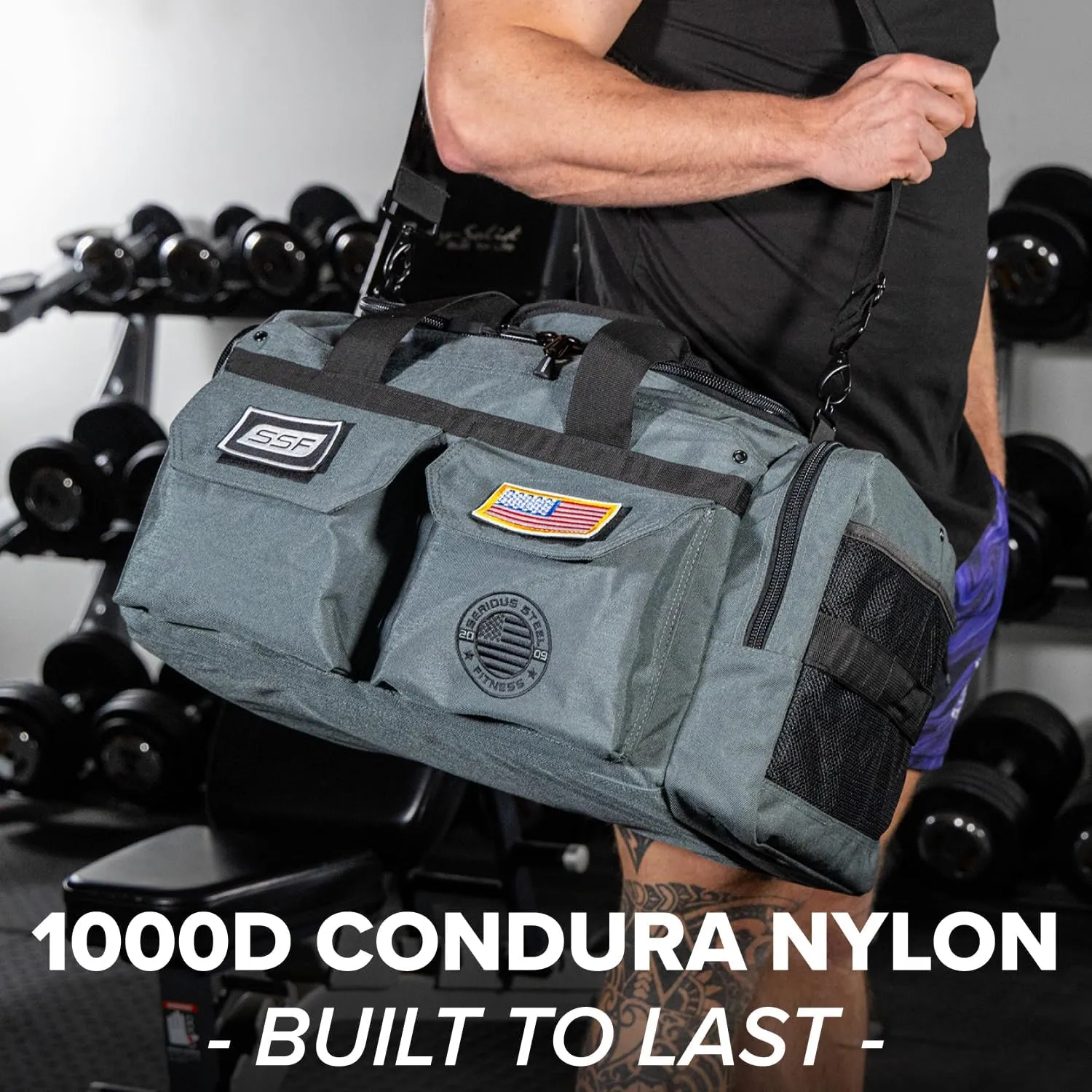 Serious Steel Fitness Gym Bag, 1000D Nylon Duffel Bag, Heavy Duty (Grey - Mid Bud 2.0)