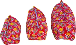 Set of 3 Pieces Indian Handmade Cotton Quilted Handmade Floral Hand Block Print Toiletry Bag,Cosmetic Pouch Bag Makeup Bag For Women (Cotton, Orange), 44999