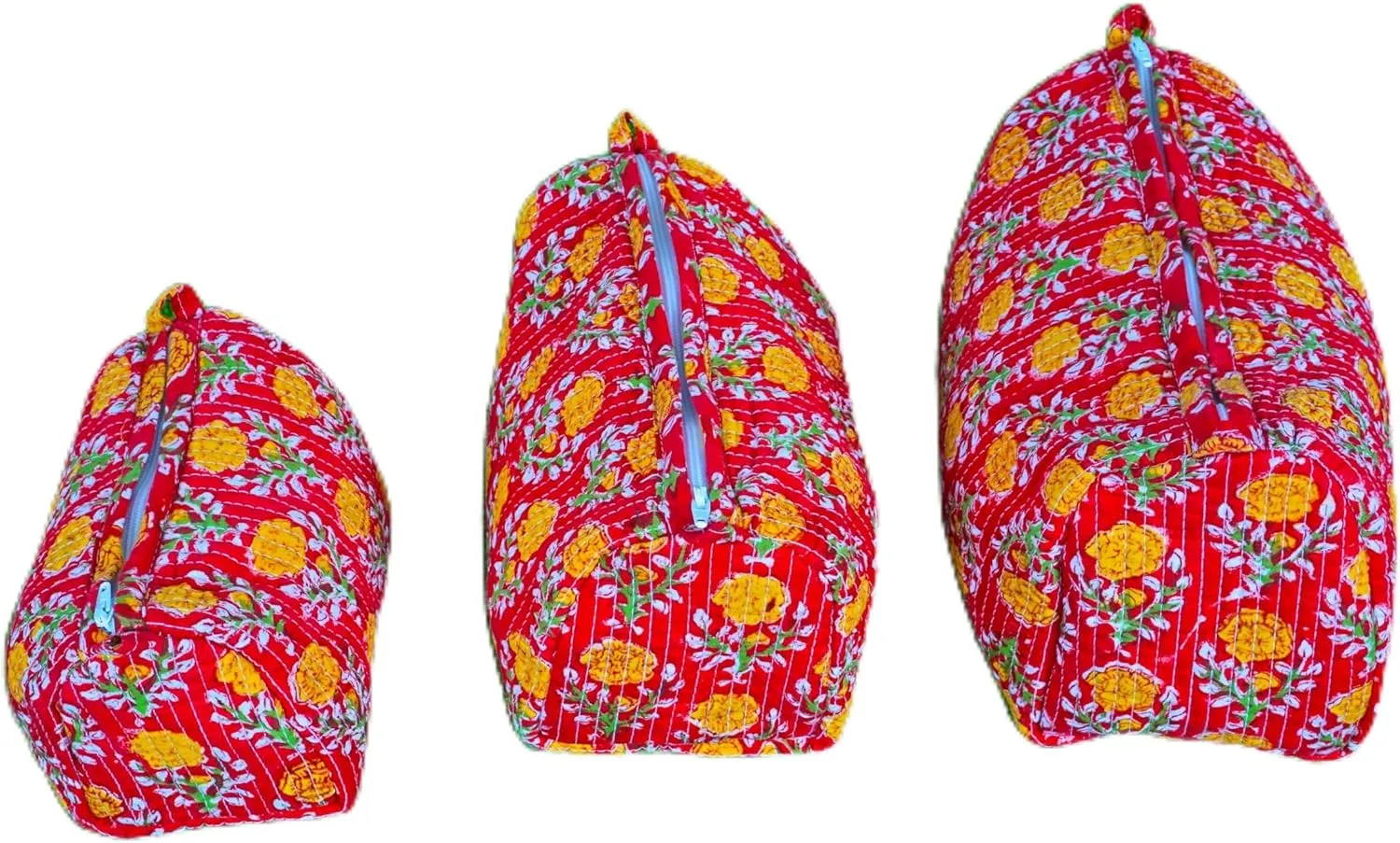 Set of 3 Pieces Indian Handmade Cotton Quilted Handmade Floral Hand Block Print Toiletry Bag,Cosmetic Pouch Bag Makeup Bag For Women (Cotton, Orange), 44999