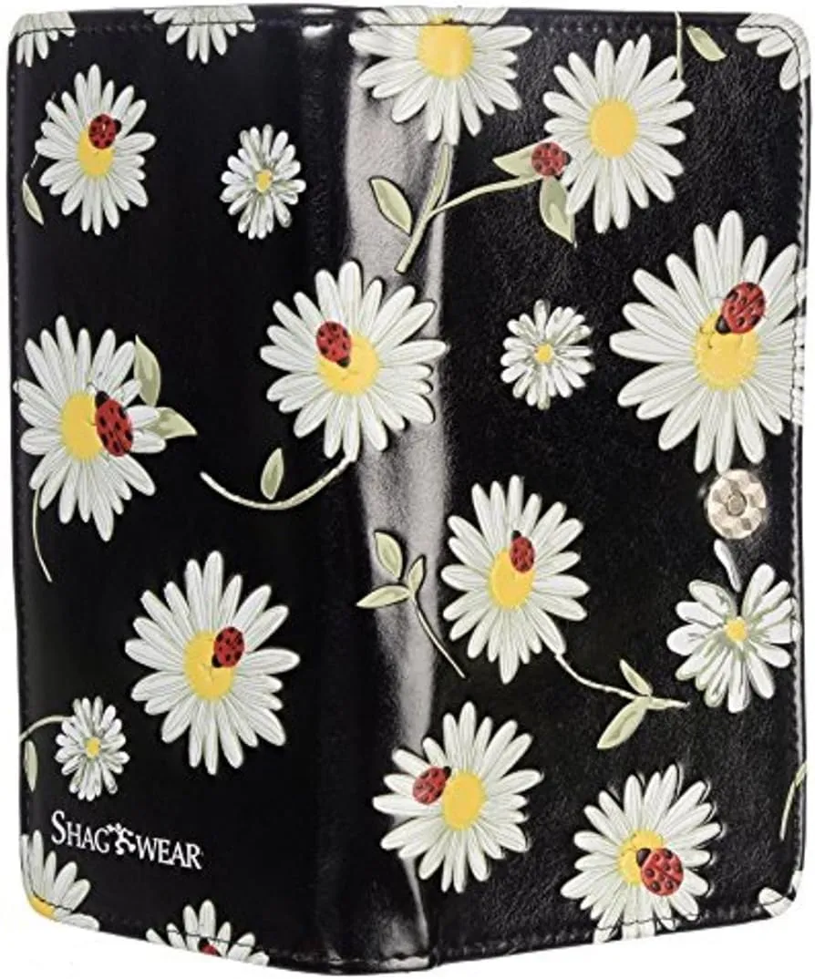 Shag Wear Women's Premium Vegan Clutch Cardholder Zipper Wallet Purse with Pretty Daisies and Ladybugs, Black