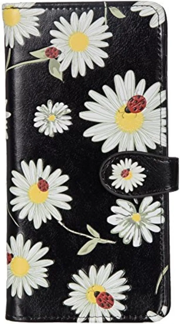 Shag Wear Women's Premium Vegan Clutch Cardholder Zipper Wallet Purse with Pretty Daisies and Ladybugs, Black