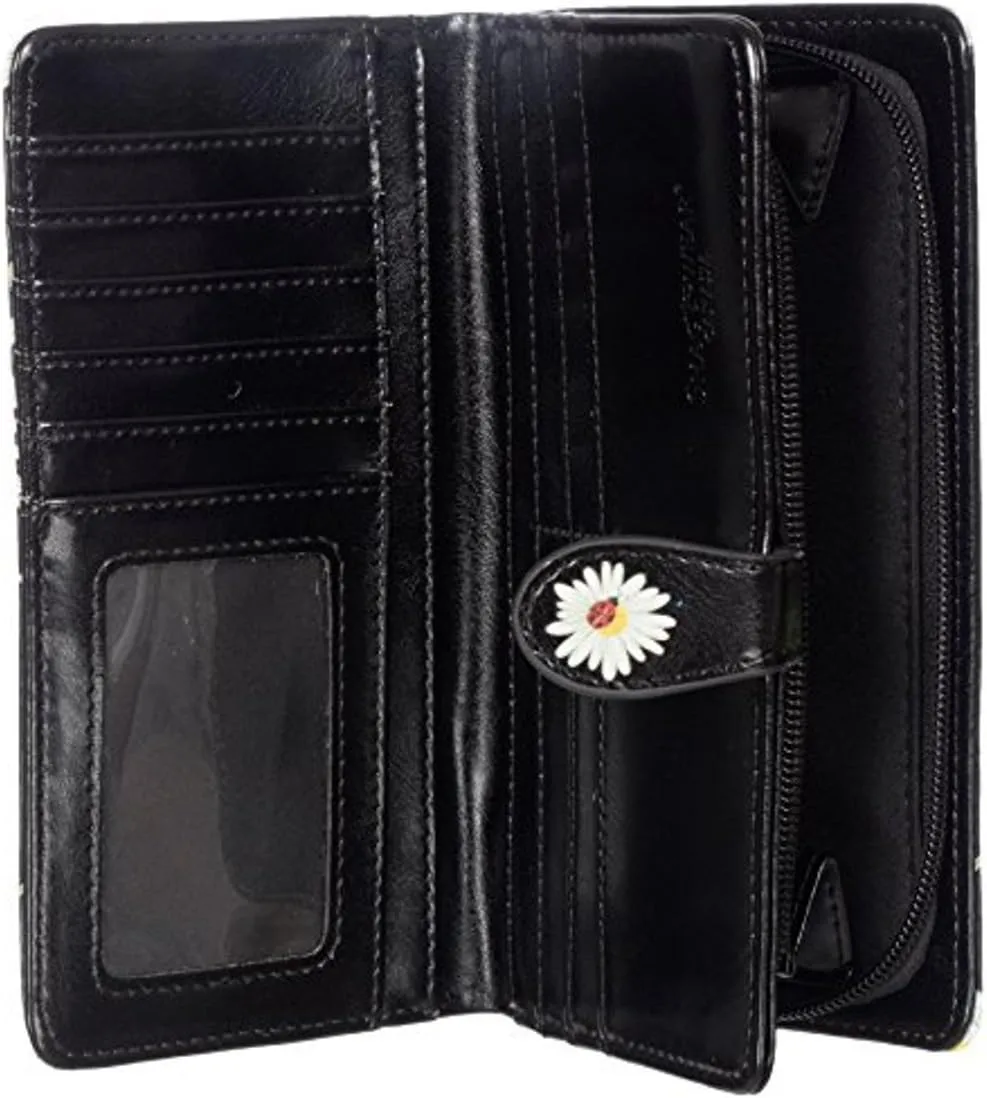 Shag Wear Women's Premium Vegan Clutch Cardholder Zipper Wallet Purse with Pretty Daisies and Ladybugs, Black