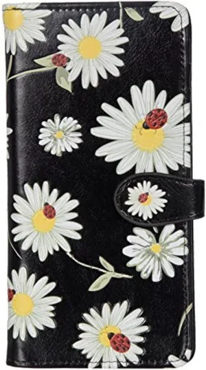 Shag Wear Women's Premium Vegan Clutch Cardholder Zipper Wallet Purse with Pretty Daisies and Ladybugs, Black