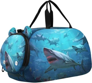 Sharks Kids Overnight Sports Duffel Bags with Shoe Compartment & Wet Pocket Travel Sport Gym Bag for Girls Boys