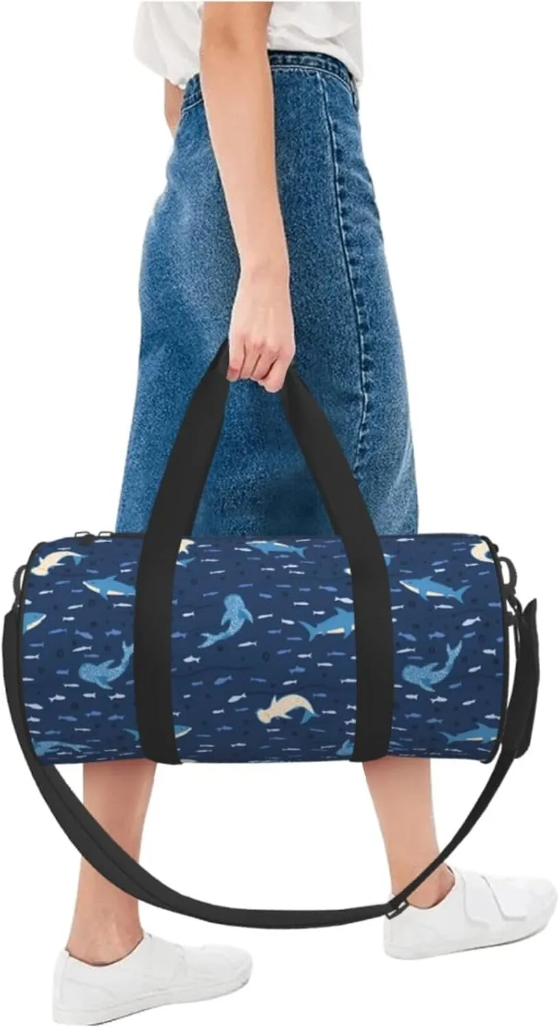 Sharks on blue background Round Travel Duffel Bag Large Capacity Gym Sports Bags for Hiking Vacation Trips