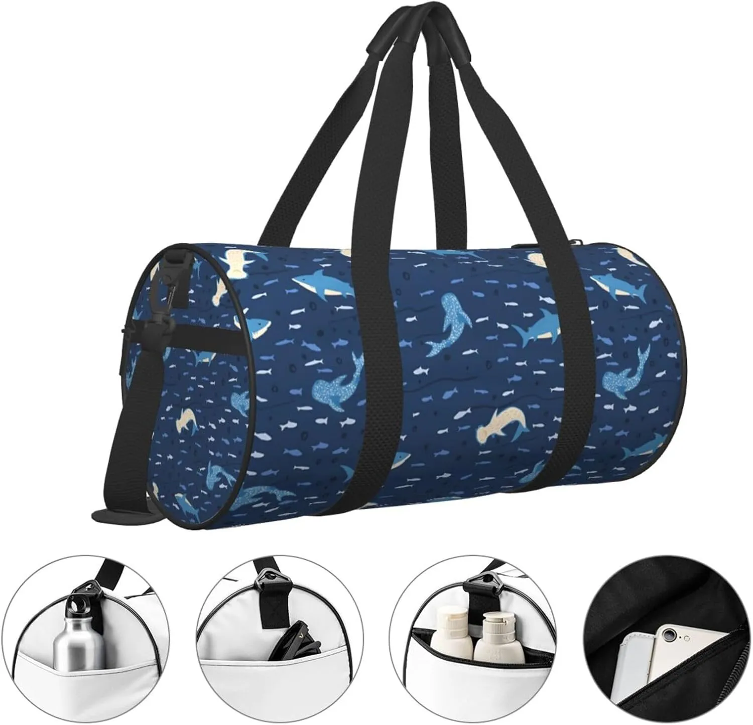 Sharks on blue background Round Travel Duffel Bag Large Capacity Gym Sports Bags for Hiking Vacation Trips