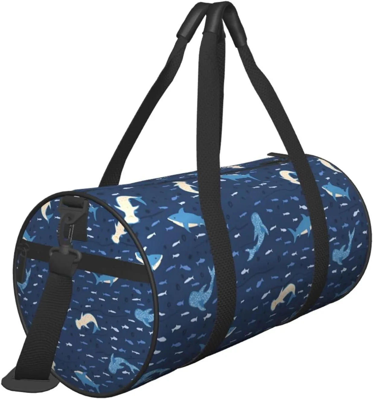 Sharks on blue background Round Travel Duffel Bag Large Capacity Gym Sports Bags for Hiking Vacation Trips